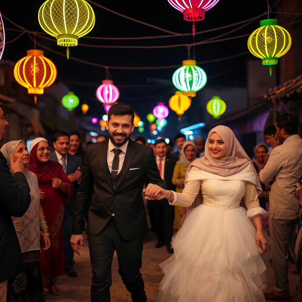 A groom in a black suit and a bride in a white puffy wedding dress with a hijab are holding hands and walking through a crowd of relatives at night in a village in Cairo