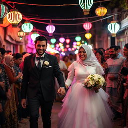 A groom in a black suit and a bride in a white puffy wedding dress with a hijab are holding hands and walking through a crowd of relatives at night in a village in Cairo