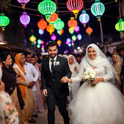 A groom in a black suit and a bride in a white puffy wedding dress with a hijab are holding hands and walking through a crowd of relatives at night in a village in Cairo