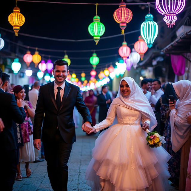 A groom in a black suit and a bride in a white puffy wedding dress with a hijab are holding hands and walking through a crowd of relatives at night in a village in Cairo