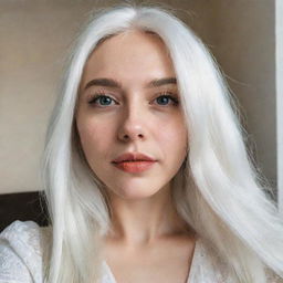 Interior selfie of a girl with white hair striking a romantic pose, captured on a low-quality phone camera