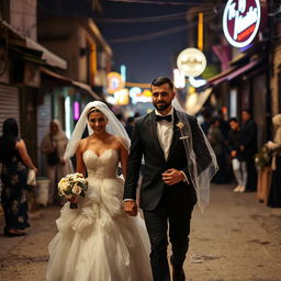 A brown groom in a black suit and his white bride in a white puffy dress and veil walk through a village in Cairo at night, with neon lights and people around them, capturing the vibrant atmosphere