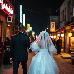 A brown groom in a black suit and his white bride in a white puffy dress and veil walk through a village in Cairo at night, with neon lights and people around them, capturing the vibrant atmosphere