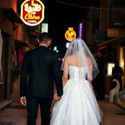 A brown groom in a black suit and his white bride in a white puffy dress and veil walk through a village in Cairo at night, with neon lights and people around them, capturing the vibrant atmosphere