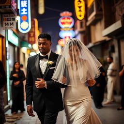 A brown groom in a black suit and his white bride in a white puffy dress and veil walk through a village in Cairo at night, with neon lights and people around them, capturing the vibrant atmosphere