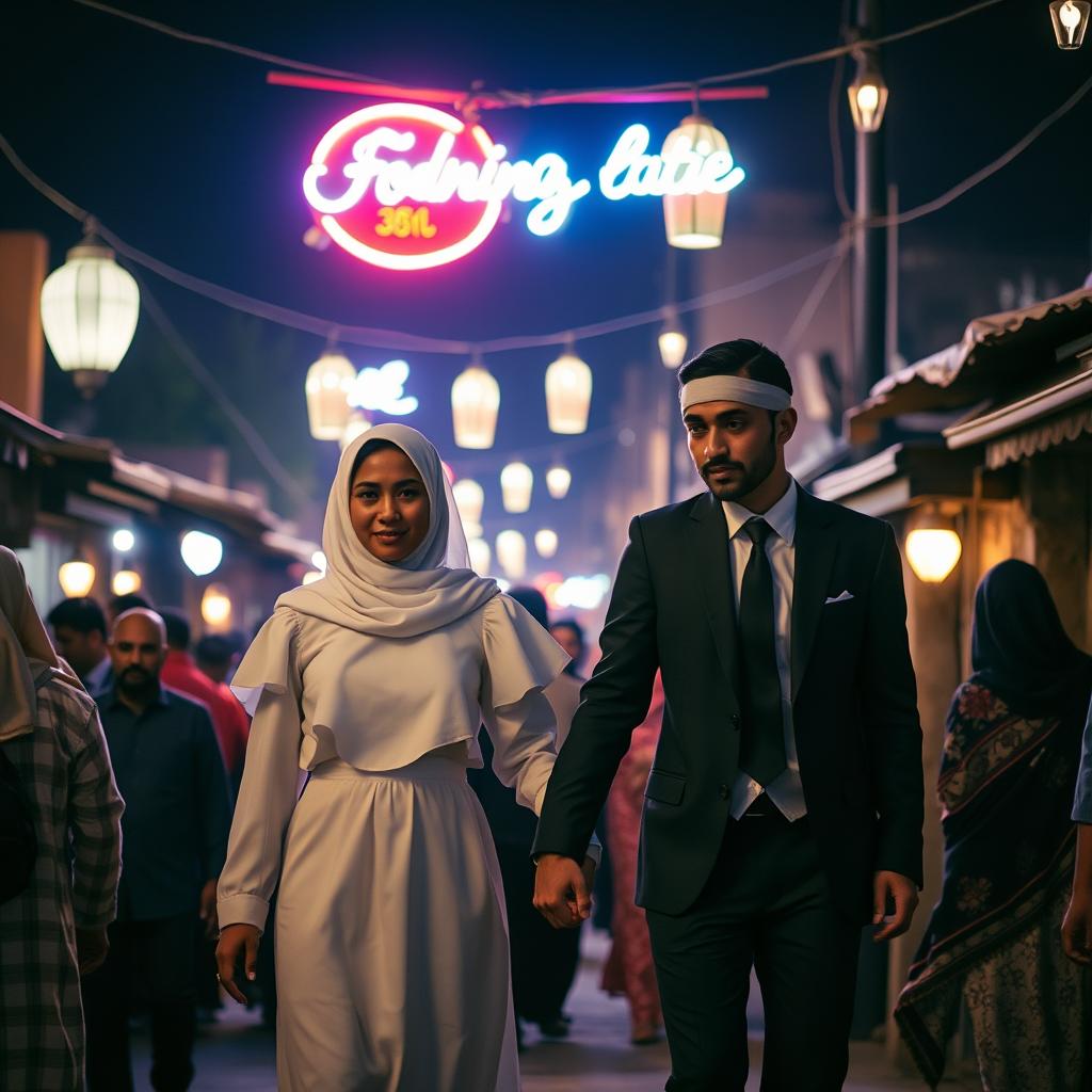 A brown groom, dressed in a black suit, with a thin and tall body, holds the hand of his white bride in a white puffy dress and hijab