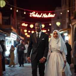 A brown groom, dressed in a black suit, with a thin and tall body, holds the hand of his white bride in a white puffy dress and hijab