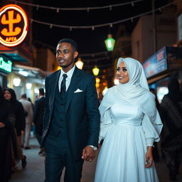 A brown groom, dressed in a black suit, with a thin and tall body, holds the hand of his white bride in a white puffy dress and hijab