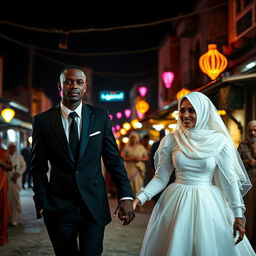 A brown groom, dressed in a black suit, with a thin and tall body, holds the hand of his white bride in a white puffy dress and hijab