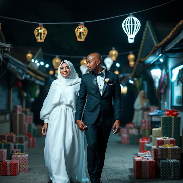 A brown groom, dressed in a black suit, with a thin and tall body, holding the hand of his white bride who is wearing a white puffy dress and a hijab