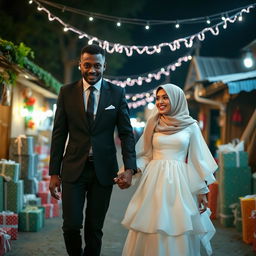 A brown groom, dressed in a black suit, with a thin and tall body, holding the hand of his white bride who is wearing a white puffy dress and a hijab