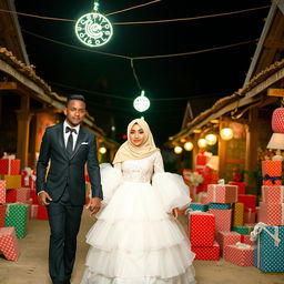 A brown groom, dressed in a black suit, with a thin and tall body, holding the hand of his white bride who is wearing a white puffy dress and a hijab