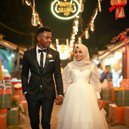 A brown groom, dressed in a black suit, with a thin and tall body, holding the hand of his white bride who is wearing a white puffy dress and a hijab