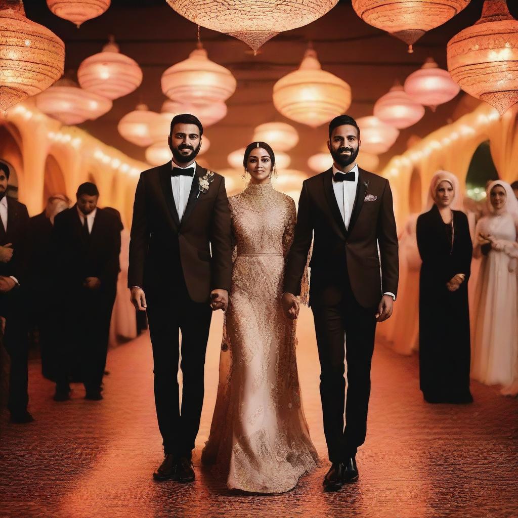 A tall, slim-bodied brown groom dressed in a black suit is holding the hand of his Muslim bride