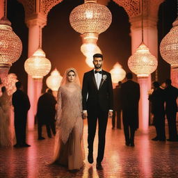 A tall, slim-bodied brown groom dressed in a black suit is holding the hand of his Muslim bride