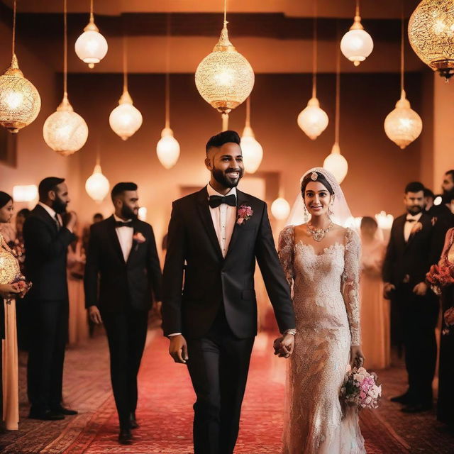 A tall, slim-bodied brown groom dressed in a black suit is holding the hand of his Muslim bride