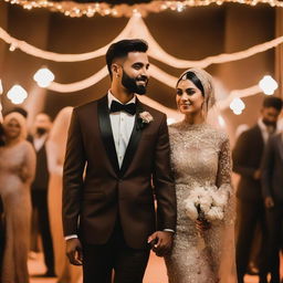 A tall, slim-bodied brown groom dressed in a black suit is holding the hand of his Muslim bride