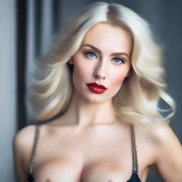 A seductive Russian woman with blonde hair, blue eyes, and red lips, wearing an outfit that reveals a lot of cleavage and emphasizes her large breasts