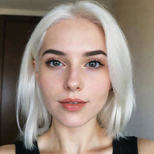 An interior selfie of a girl with white hair in a romantic pose, featuring proportional facial features, a small smooth nose, cheek dimples, bow lips, thin cheeks and cheekbones, large black eyebrows, and medium-sized smooth eyes, captured on a low-quality phone camera