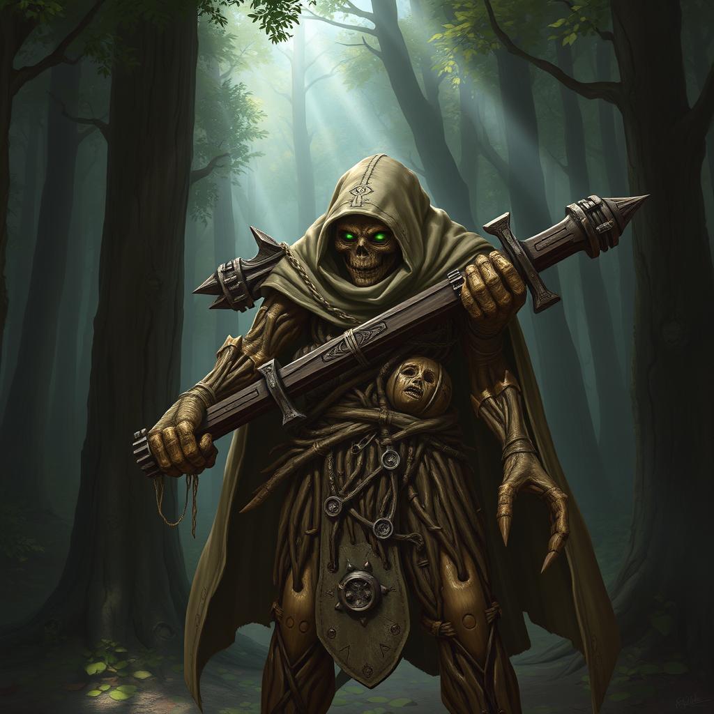 A warforged made of tree bark and roots, cloaked in a cowl with a long cape, carrying a heavy crossbow