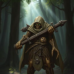 A warforged made of tree bark and roots, cloaked in a cowl with a long cape, carrying a heavy crossbow