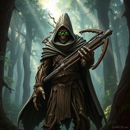 A warforged made of tree bark and roots, cloaked in a cowl with a long cape, carrying a heavy crossbow