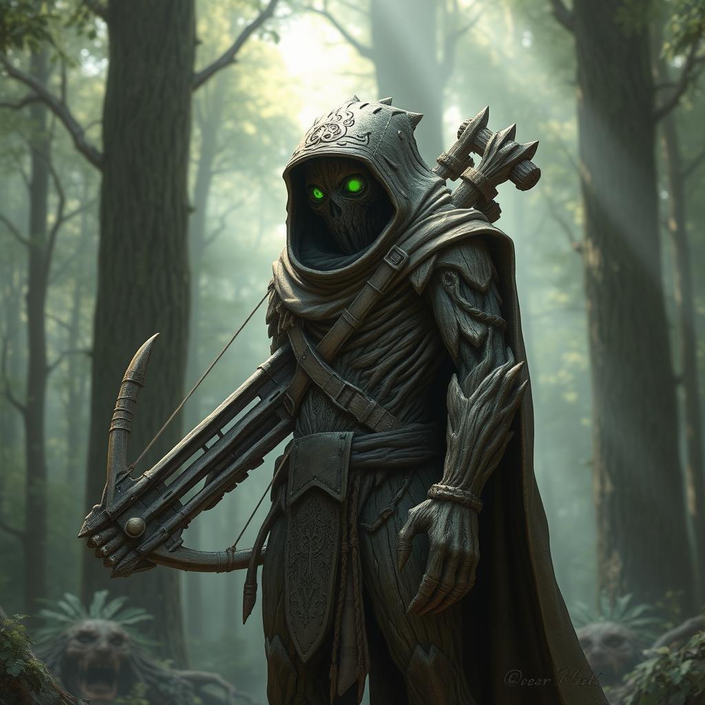 A warforged made of tree bark and roots, cloaked in a cowl with a long cape, carrying a heavy crossbow