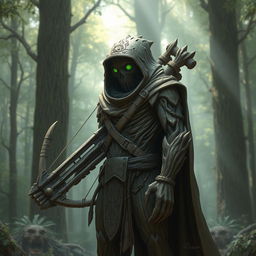 A warforged made of tree bark and roots, cloaked in a cowl with a long cape, carrying a heavy crossbow