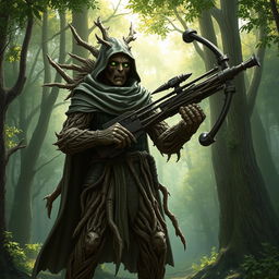 A warforged made of tree bark and roots, cloaked in a cowl with a long cape, carrying a heavy crossbow