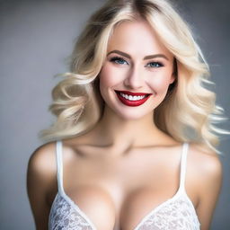 A seductive and very feminine Russian woman with blonde hair, red lips, and a slim face