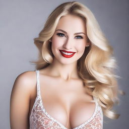 A seductive and very feminine Russian woman with blonde hair, red lips, and a slim face