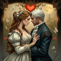 A romantic scene depicting two lovers from different eras, showing their connection through time and past lives