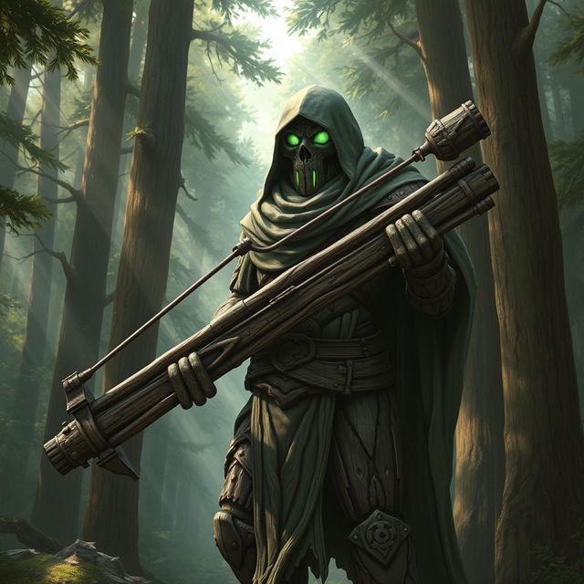 A warforged made of wood, cloaked in a cowl with a long cape, carrying a heavy crossbow