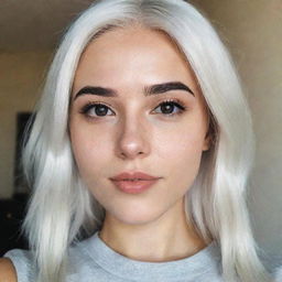 Interior selfie of a girl with white hair, swarthy skin, and proportional features including a small smooth nose, cheek dimples, bow lips, thin cheeks and cheekbones, large black eyebrows, medium-sized smooth eyes, displaying a romantic pose, captured in low-quality phone camera