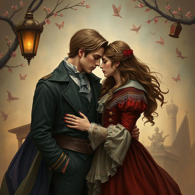 A romantic scene depicting two lovers from different eras, showing their connection through time and past lives