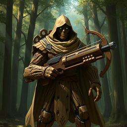 A warforged made of wood, cloaked in a cowl with a long cape, carrying a heavy crossbow