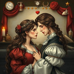 A romantic scene depicting two lovers from different eras, showing their connection through time and past lives