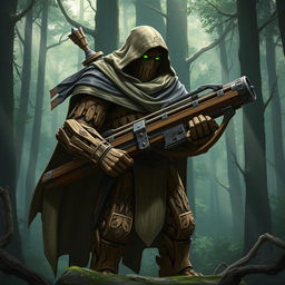 A warforged made of wood, cloaked in a cowl with a long cape, carrying a heavy crossbow