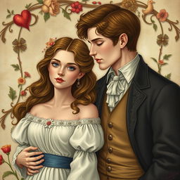 A romantic scene depicting two lovers from different eras, showing their connection through time and past lives