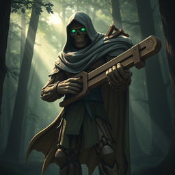 A warforged made of wood, cloaked in a cowl with a long cape, carrying a heavy crossbow