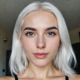 Interior selfie of a girl with white hair, swarthy skin, and proportional features including a small smooth nose, cheek dimples, bow lips, thin cheeks and cheekbones, large black eyebrows, medium-sized smooth eyes, displaying a romantic pose, captured in low-quality phone camera