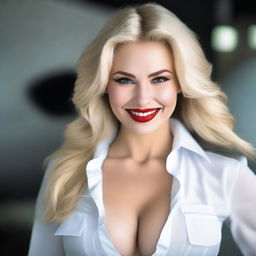 A seductive and very feminine Russian woman with blonde hair, red lips, and a smile