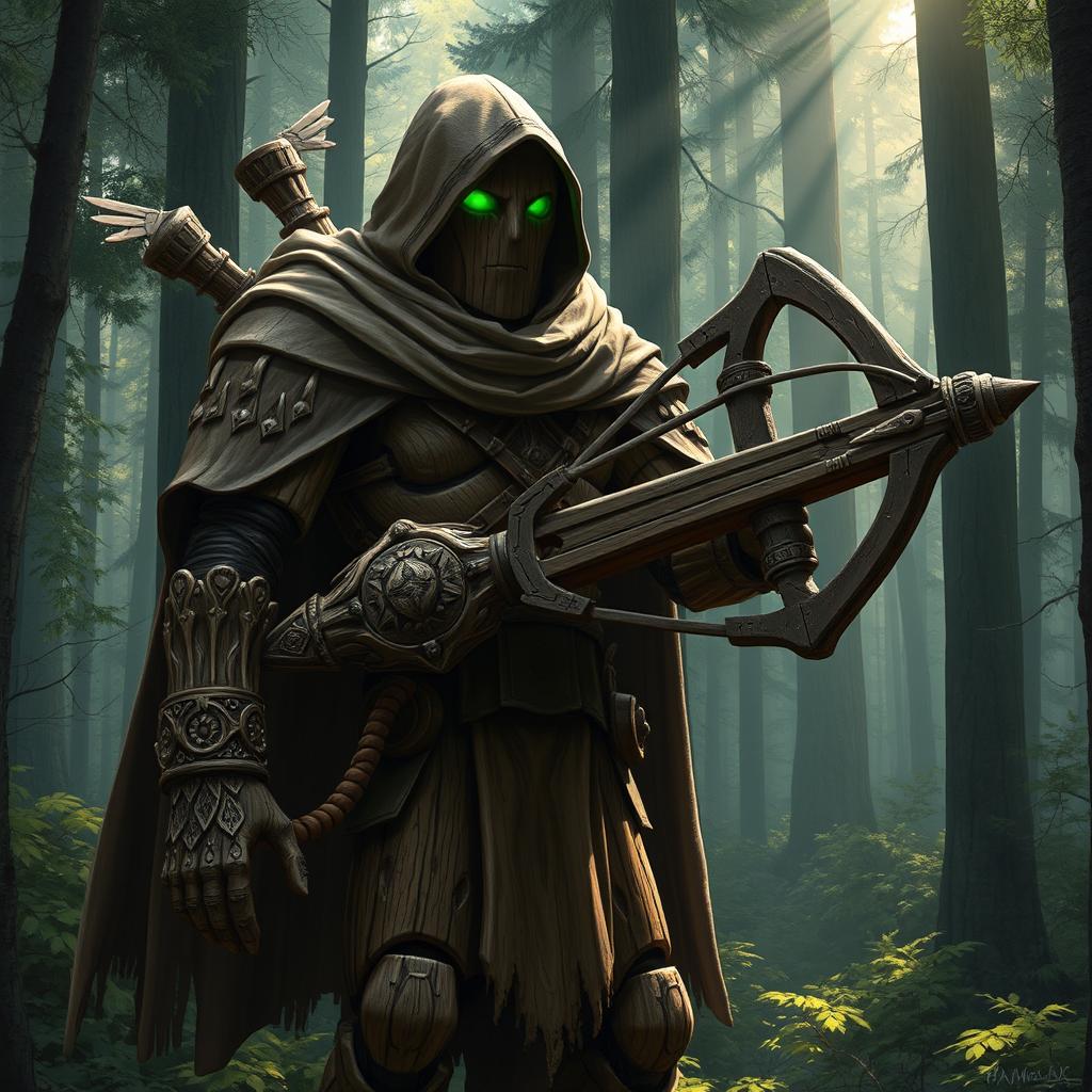 A warforged made of wood, cloaked in a cowl with a long cape, carrying a heavy crossbow