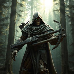 A warforged made of wood, cloaked in a cowl with a long cape, carrying a heavy crossbow