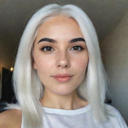 Interior selfie of a girl with white hair, swarthy skin, and proportional features including a small smooth nose, cheek dimples, bow lips, thin cheeks and cheekbones, large black eyebrows, medium-sized smooth eyes, displaying a romantic pose, captured in low-quality phone camera