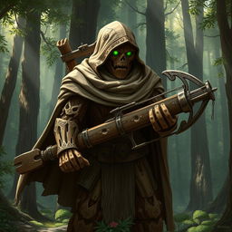 A warforged made of wood, cloaked in a cowl with a long cape, carrying a heavy crossbow