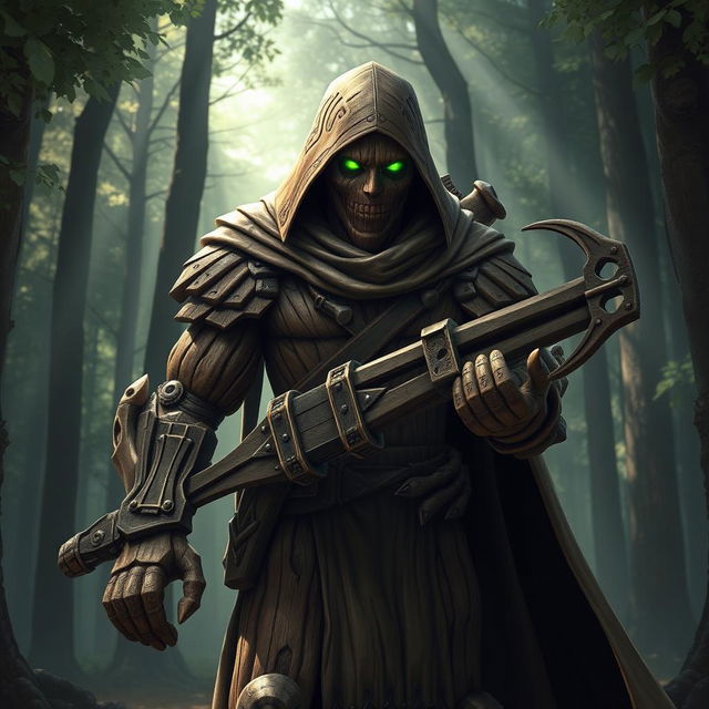 A warforged made of wood, cloaked in a cowl with a long cape, carrying a heavy crossbow