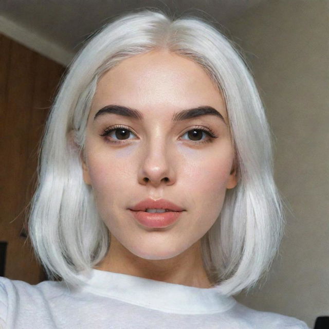 Interior selfie of a girl with white hair, swarthy skin, and proportional features including a small smooth nose, cheek dimples, bow lips, thin cheeks and cheekbones, large black eyebrows, medium-sized smooth eyes, displaying a romantic pose, captured in low-quality phone camera