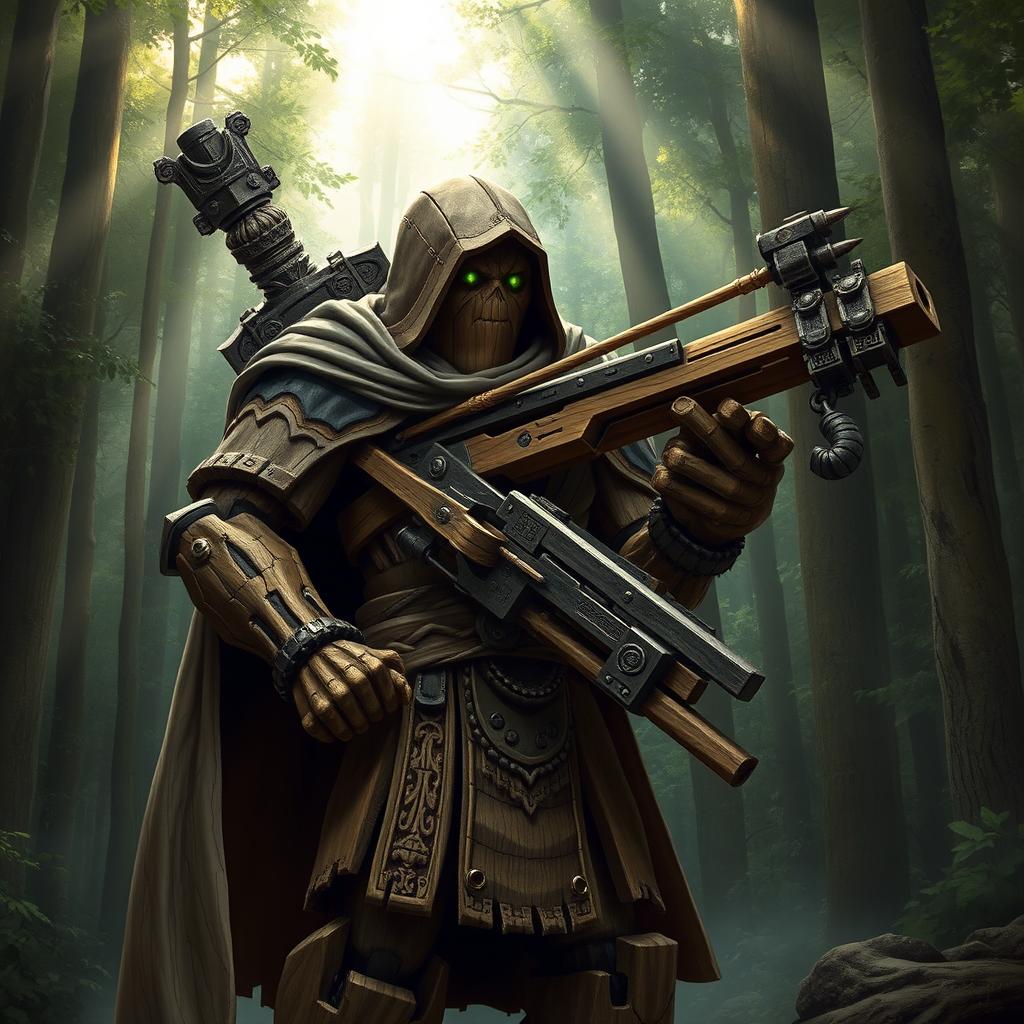 A warforged made of wood, cloaked in a cowl with a long cape, carrying a heavy crossbow