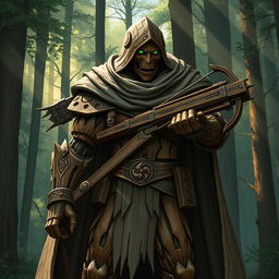 A warforged made of wood, cloaked in a cowl with a long cape, carrying a heavy crossbow